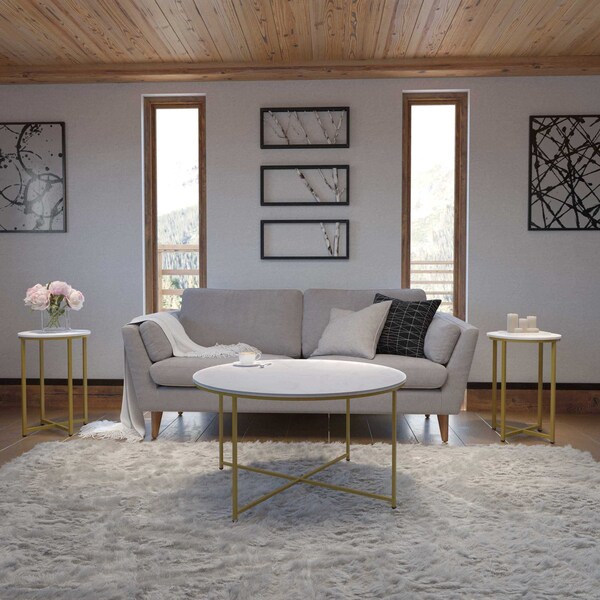 Flash Furniture Hampstead Collection Coffee and End Table Set - White Marbled Laminate Top & Brushed Gold Crisscross Frame, 3 Piece Table Set NAN-CEK-1787-MRBL-GG - main